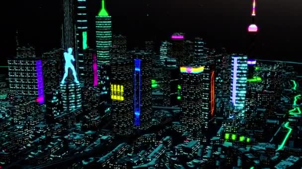 3d animation. Aerial view of a Dystopian Shanghai city in the future with projection mapping on buildings with cyberpunk — Stock Video