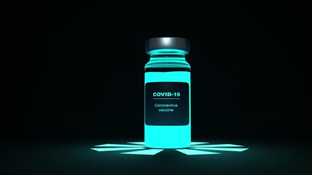 Covid-19 coronavirus vacuna botella animación 3D. Luz ultravioleta fluorescente resplandeciente colores neón — Vídeos de Stock