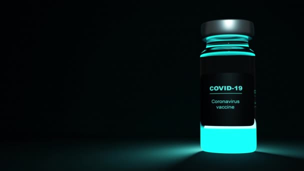 Covid-19 coronavirus vacuna botella de llenado animación 3D. Luz ultravioleta fluorescente resplandeciente colores neón — Vídeos de Stock