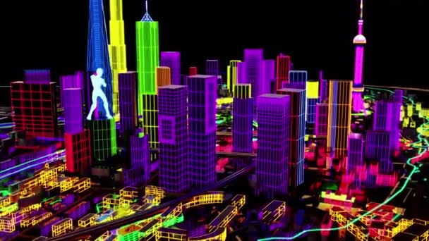 Abstrakcyjna sieć miejska. Widok z lotu ptaka miasta Dystopian Shanghai w przyszłości z mapowaniem projekcji budynków z cyberpunkiem — Wideo stockowe