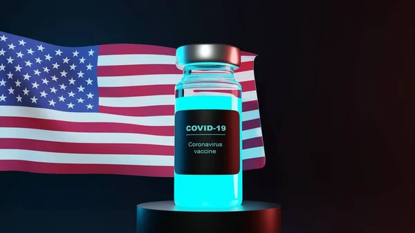 EE.UU. lanzará campaña de vacunación COVID-19. Estados Unidos, bandera de Estados Unidos y botella de vaccin. Animación 3d. Concepto covid. Bandera ondeando en el viento. Fondo negro — Foto de Stock