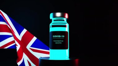 Birleşik Krallık COVID-19 aşı kampanyası başlatacak. Avrupa Birliği bayrağı ve aşı şişesi. 3D animasyon. Covid konsepti. Rüzgarda dalgalanan bayrak. Siyah arkaplan