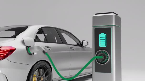 電気自動車充電。電気自動車充電ポートは車に差し込みます。充電の進行状況を示す電気自動車の充電。3D可視化 — ストック動画