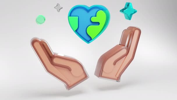 Η γη είναι στα χέρια. Δύο παλάμες κρατούν μια σφαίρα σε σχήμα καρδιάς. Έννοια περιβάλλοντος. 3D εικονίδιο aniamtion. Έννοια γήινης ημέρας. — Αρχείο Βίντεο