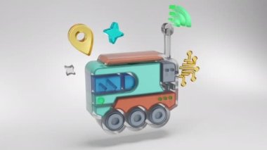 Üstü kapalı otomatik dağıtım robotu teslimat paketi için açıldı. 3 boyutlu görüntüleme. 3d simge canlandırması