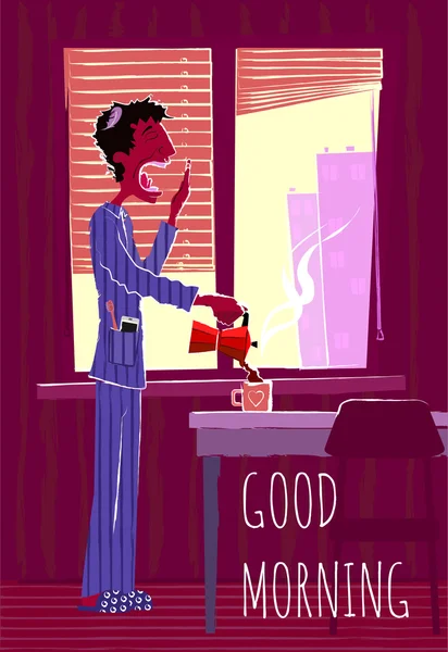 Les hommes en pyjama et pantoufles versent le café dans une tasse — Image vectorielle