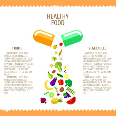 Taze sebze ve meyveler ile Vitamin hapı