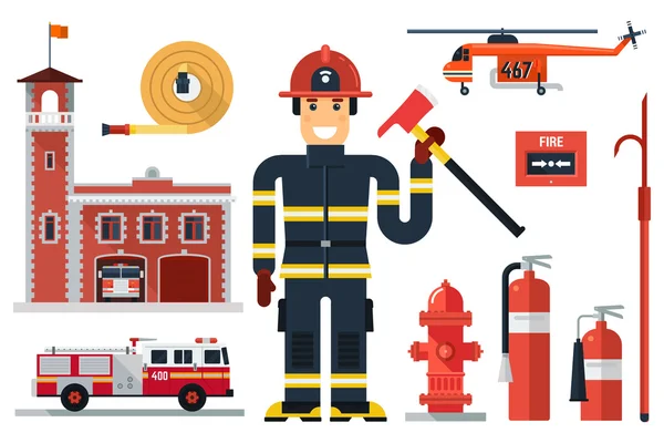 Firefighting character and fire equipment. — Stock Vector