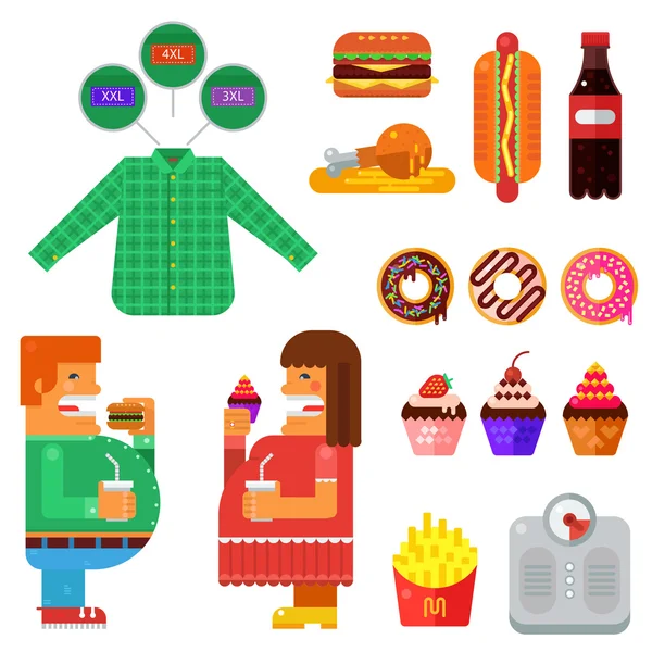 Illustration vectorielle de gros hommes et femmes mangent de la restauration rapide . — Image vectorielle