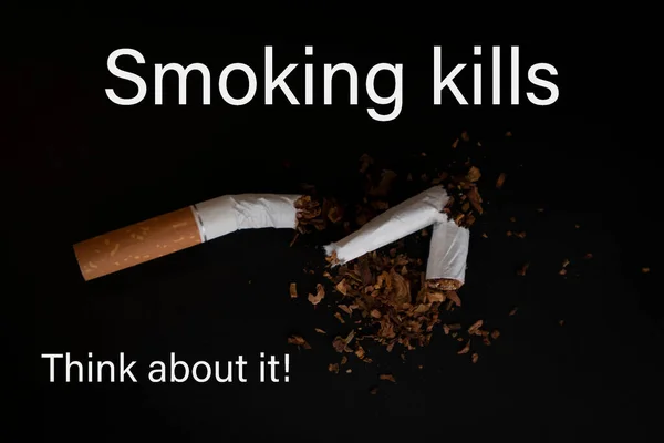 Broken Cigarette Black Background Inscription Smoking Kills Think — Stock Photo, Image