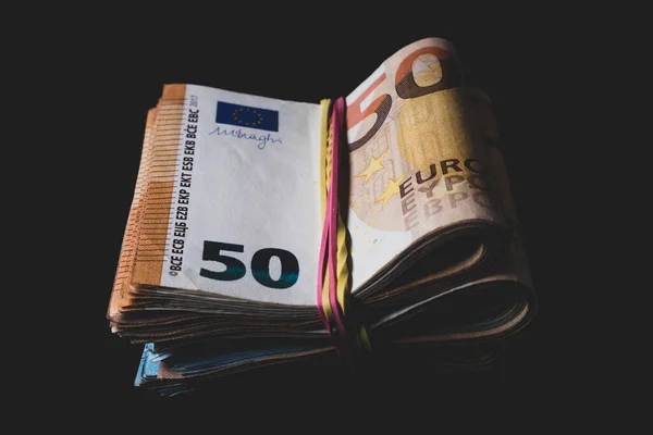 Folded Euro Banknotes Black Background Dark — Stock fotografie