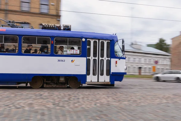 City Public Transport Old Classic Tram Transports Passengers Riga Motion — Stock Photo, Image