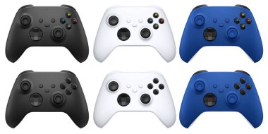 Beyaz arkaplanda izole edilmiş markasız oyun denetleyici - siyah, beyaz ve mavi