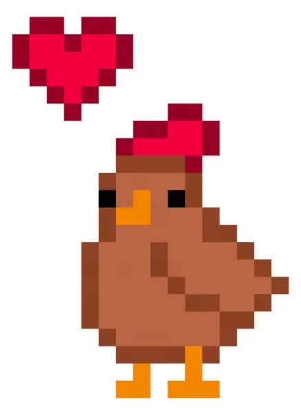 头戴心脏的可爱的像素鸡 — 图库矢量图片