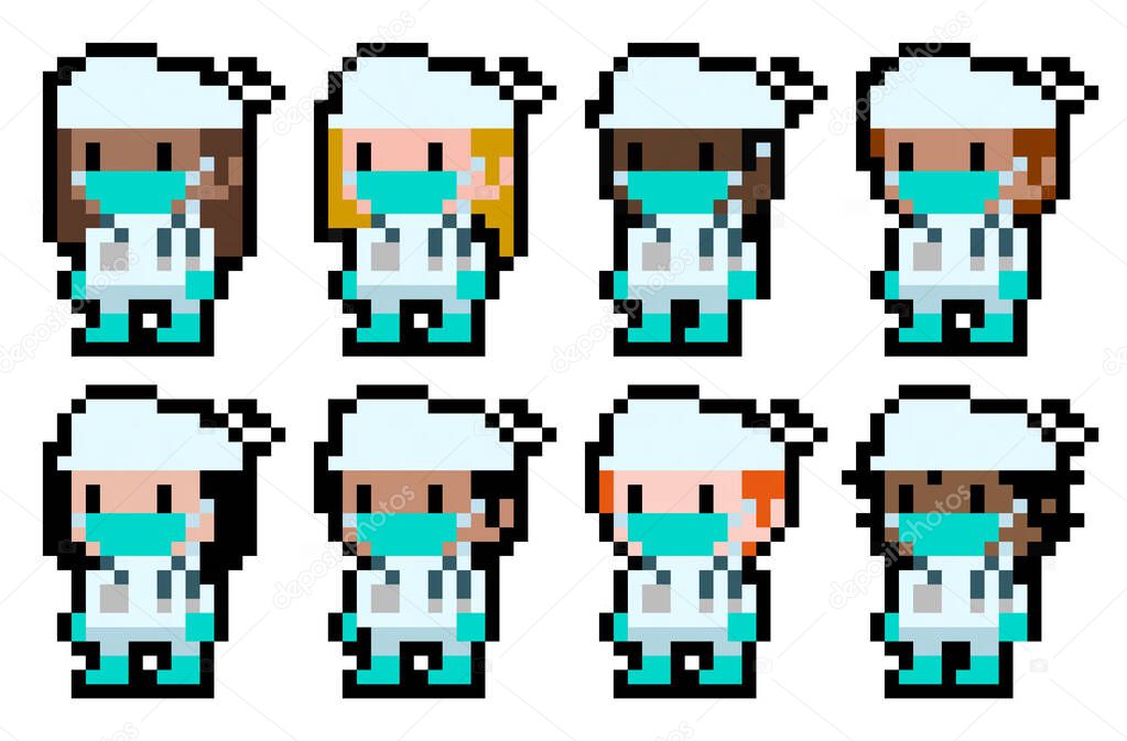 Set of diverse pixel doctors - vector, isolated