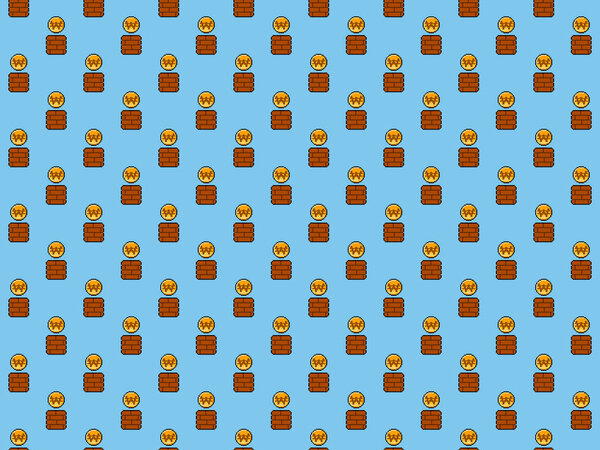 Pixel 8 bit South Korean Won coin from gaming block background - seamless pattern