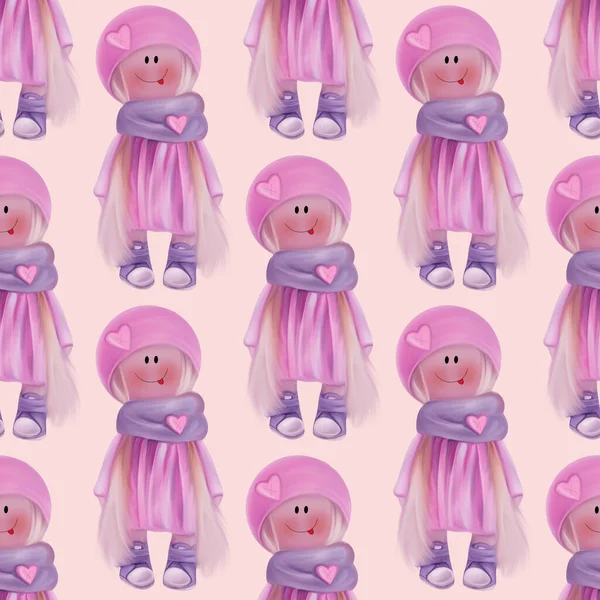 Seamless Background Tilda Doll Pink Dress — Stock Photo, Image