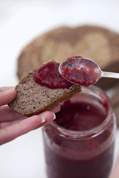 Buckwheat bread with jam — Stock Photo, Image