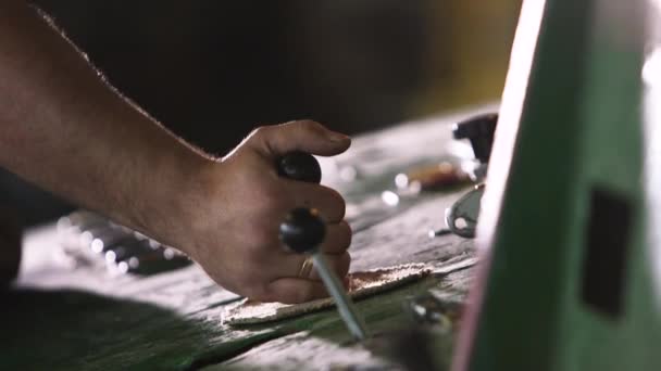 Old crane control levers. Workers hand. — Stock Video