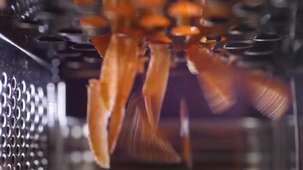 Grate carrots to make salads close up, details. View inside an iron grater with grated carrots. — Vídeo de stock