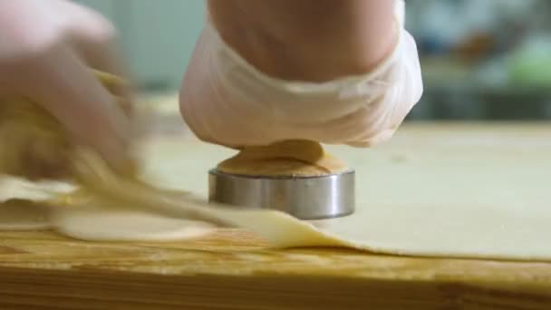 Hands cut out circles of dough for making dumplings, in the production of semi-finished products. — Stock Video