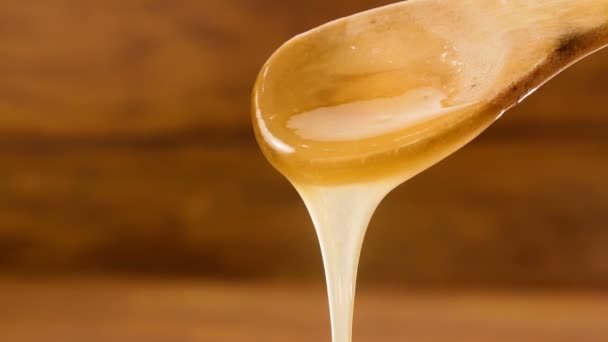 Golden honey pouring from the spoon with a wooden background (No 2) — Stock Video