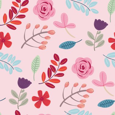 Soyut vektör çocuk çizimleri, tek boynuzlu atlar, çiçekler, yapraklar ve kuşların kusursuz desenleri