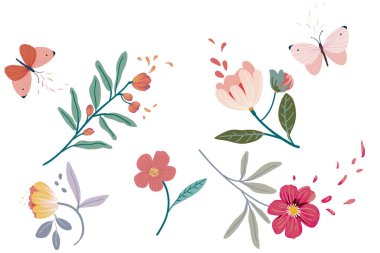 Güzel düğün, kadınlar günü, çiçekler, kelebekler ve geriye vektör unsurları bırakıyor.