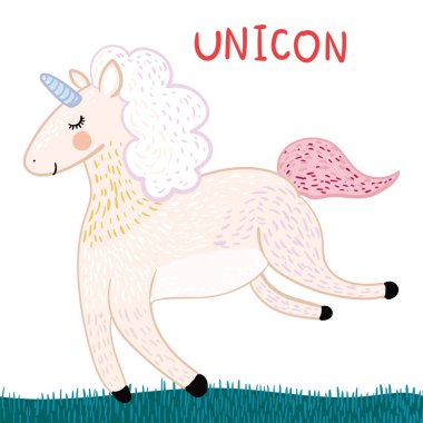 Soyut vektör çocuk çizimi, tek boynuzlu at, çiçekler, yapraklar ve kuşlar