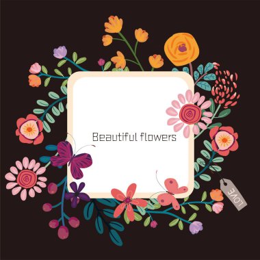 Soyut çocuk çizimi, küçük aslan, baykuş, çiçekler, balonlar ve yapraklar.