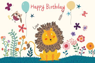 Soyut çocuk çizimi, küçük aslan, baykuş, çiçekler, balonlar ve yapraklar.