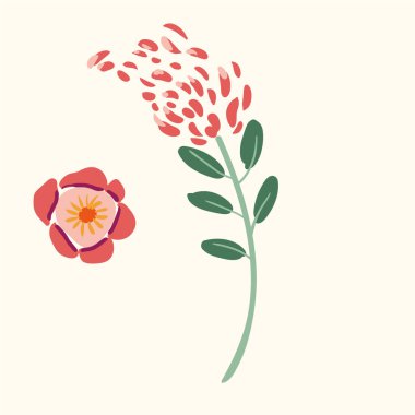 Soyut çocuk çizimi, küçük aslan, baykuş, çiçekler, balonlar ve yapraklar.