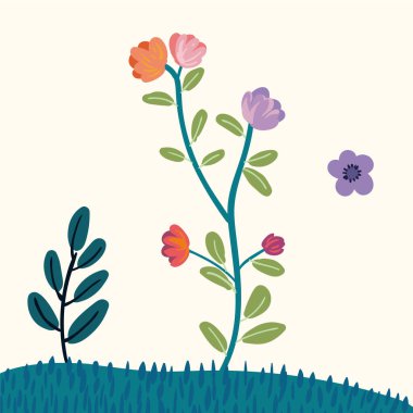 Soyut çocuk çizimi, küçük aslan, baykuş, çiçekler, balonlar ve yapraklar.