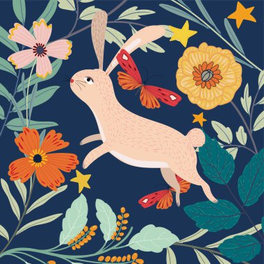 Güzel çizgi film tavşanı ve çiçek çizimi