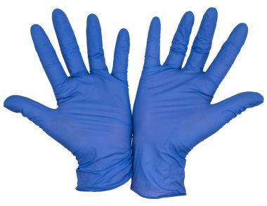 Mavi nitril inceleme eldivenleri, el topuğu, parmaklar açılıp kapanıyor, avuçlar havada. Kadın eli yalıtılmış, deri yok.