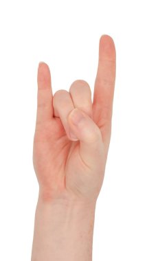 Çilli beyaz el. Boynuzları olan izole bir kadının el hareketi avuç içi yukarı, orta ve yüzük parmakları baş parmak, işaret ve küçük parmaklar uzatılmış.