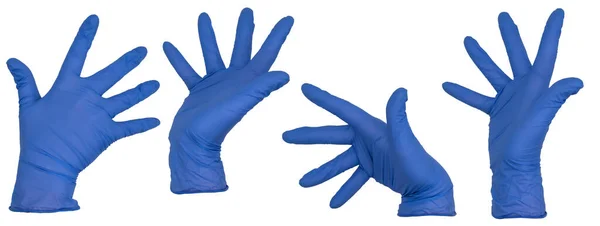 Mano Indossando Guanto Esame Nitrile Blu Pose Ventilatore Varie Opinioni — Foto Stock