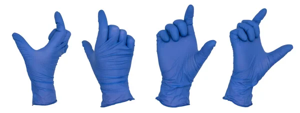 手戴蓝色硝酸铵检查手套 手握长物手势 各种意见 — 图库照片