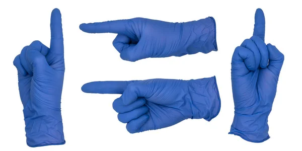 Ręka Nosząca Niebieską Rękawicę Badania Nitrylu Wskazuje Prostym Geście Różne — Zdjęcie stockowe