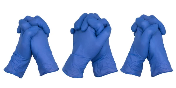 Руки Синих Перчатках Осмотра Нитрила Скреплены Вместе Позе Молитвы Различные — стоковое фото