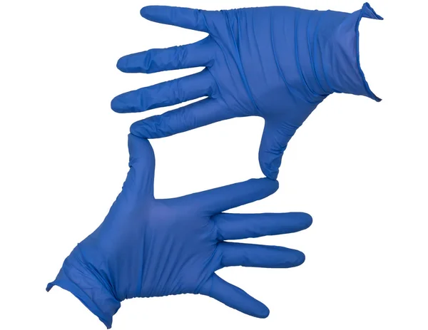 Hands Wearing Blue Nitrile Examination Gloves Making Square Rectangle Frame — Stock Photo, Image