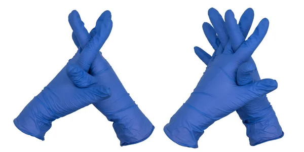 Manos Que Usan Guantes Examen Nitrilo Azul Dedos Acanalados Entrelazados — Foto de Stock