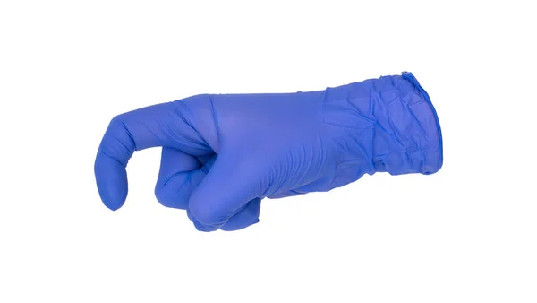Ręka Nosząca Niebieską Rękawicę Badania Nitrylu Czyni Gest Haczyka Skórze — Zdjęcie stockowe