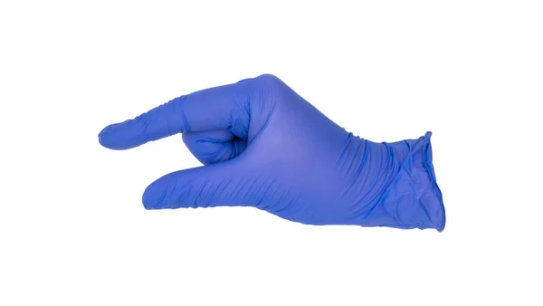 Hand Dragen Blauwe Nitril Onderzoekshandschoen Maakt Een Korte Hechting Staart — Stockfoto