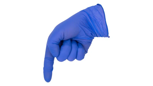 Mão Vestindo Luva Exame Nitrilo Azul Faz Gesto Vaso Cauterise — Fotografia de Stock