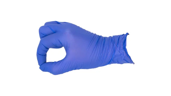 Hand Wearing Blue Nitrile Examination Glove Makes Forceps Gesture Nonverbal — Stock Photo, Image