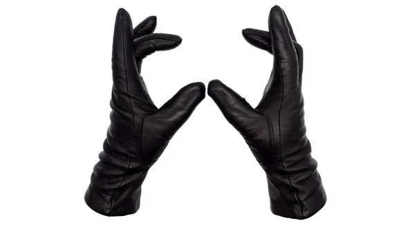Die Hände Mit Schwarzen Lederhandschuhen Auseinander Gehalten Die Finger Sanft — Stockfoto