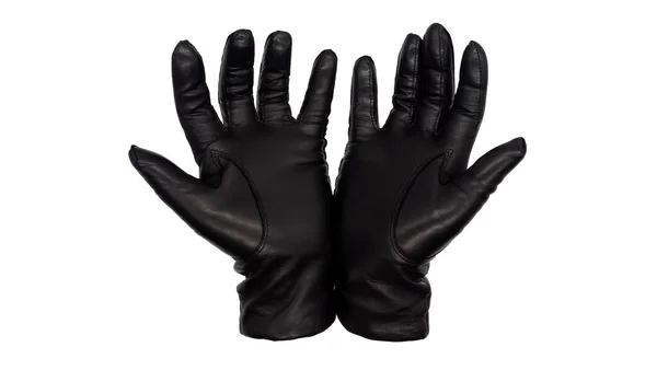 Hands Wearing Black Leather Gloves Heels Hands Together Fingers Splayed — Stock Photo, Image