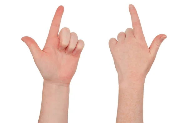 Freckled White Hand Make Finger Guns Pointing Gesture View Front — Stock Photo, Image