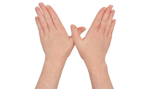 白い手 親指の交差点 指を一緒に押され 手のひらを下ろす 女性の手が孤立 呪文のジェスチャーをキャストする手 — ストック写真